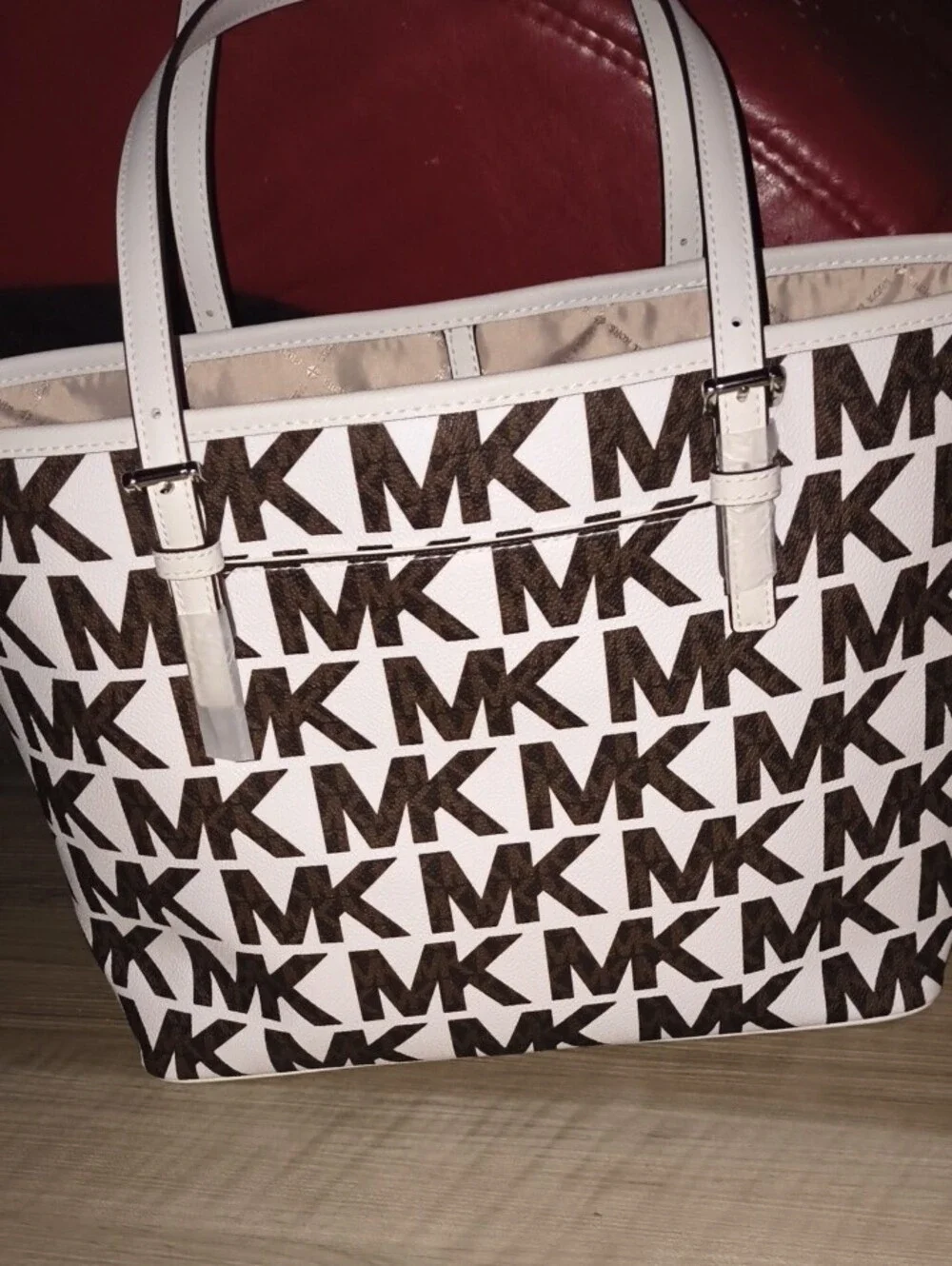 Michael Kors White and Brown MK Signature Stripe Tote